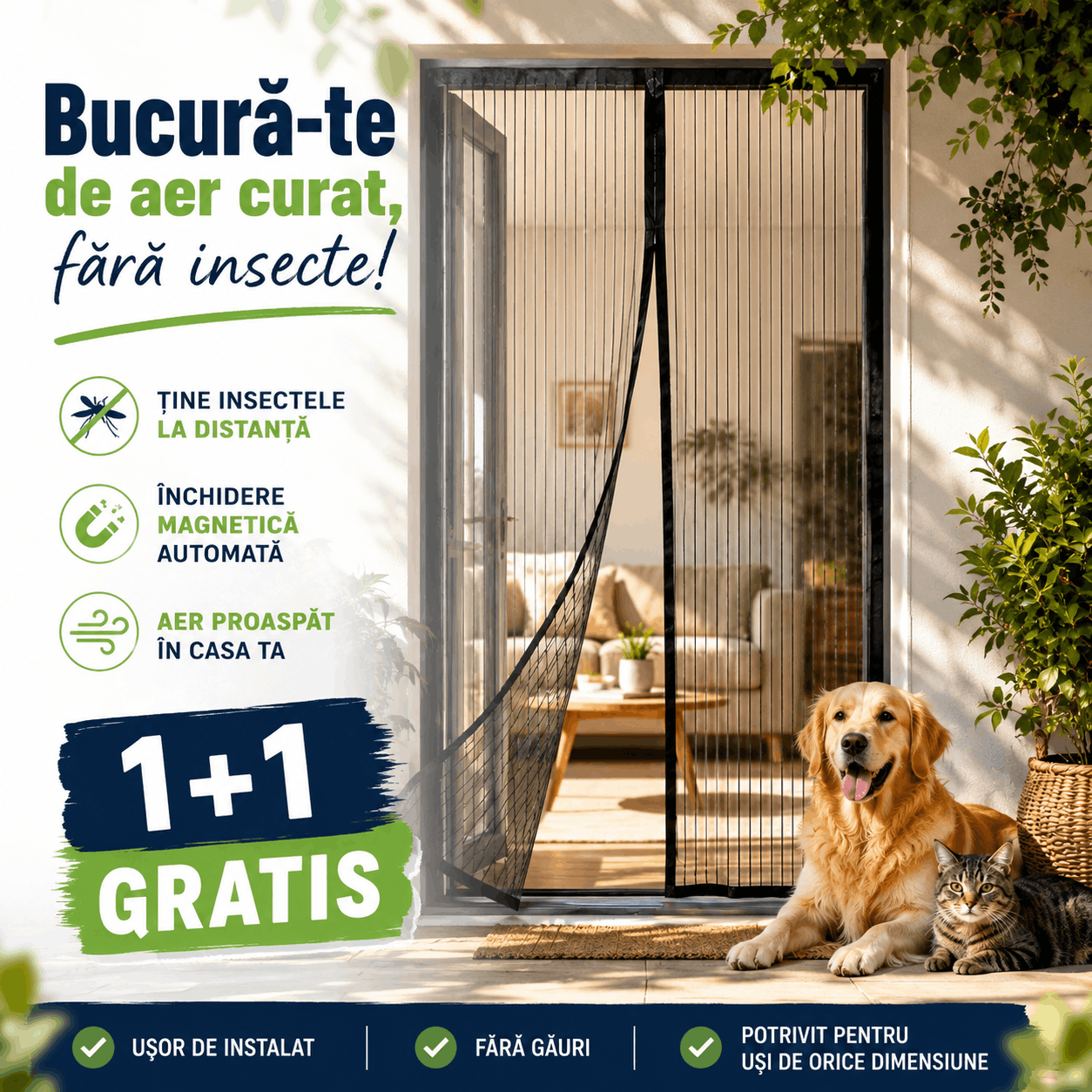 1+1 GRATIS, Plasă Anti-insecte Magnetix™ cu Închidere Magnetică Automată, 100x210cm