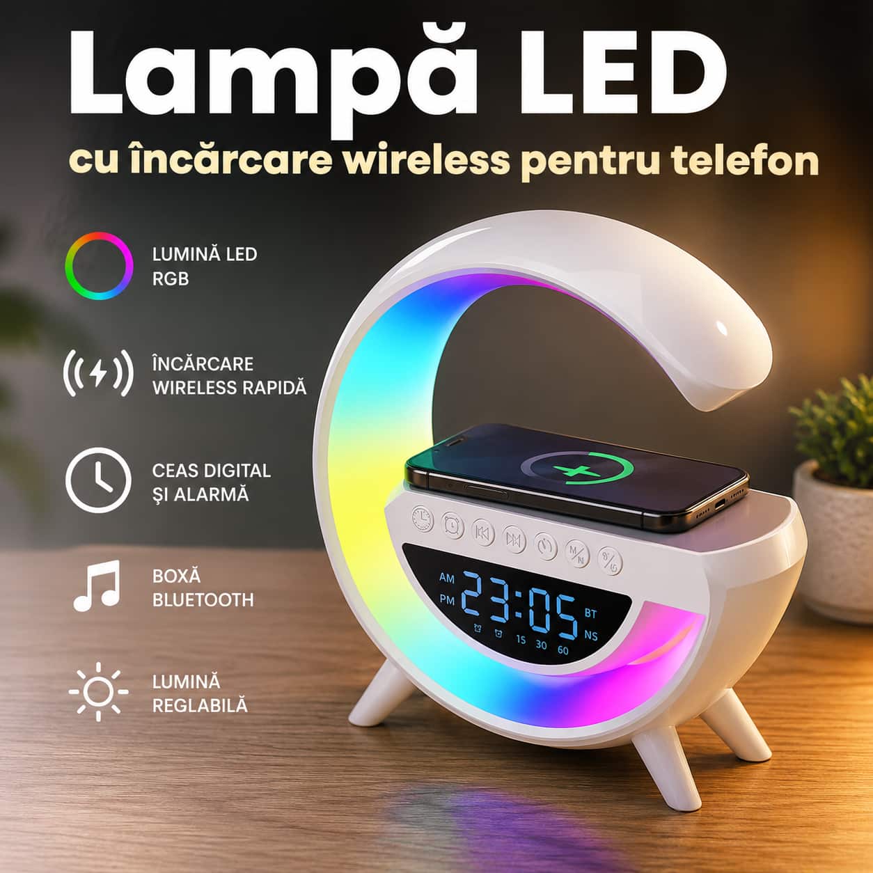 Lampă LED 7 in 1 cu Încărcare Wireless, functie Bluetooth, boxă incorporată, funcție Radio, ceas led și alarmă