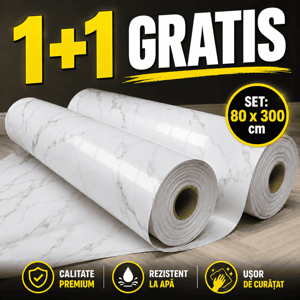 1+1 GRATIS, Tapet Autoadeziv Tip Marmură MarbleFlex™, 80cm x 3 metri