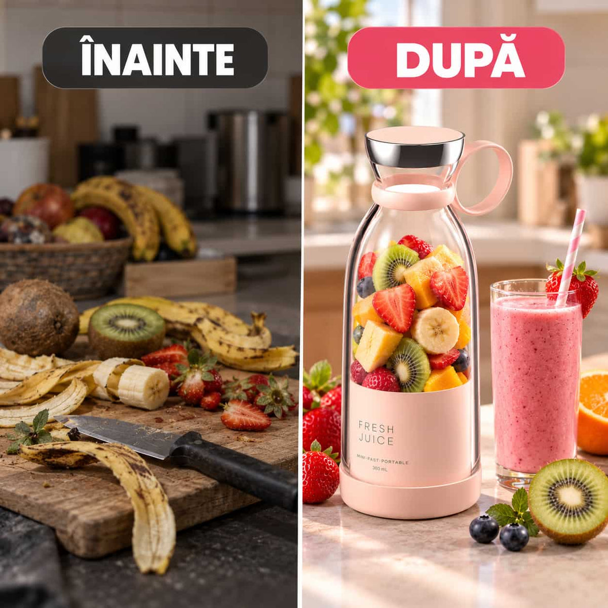 Blender Portabil FreshMix™ + 5 Paie Reutilizabile + 30 Rețete Smoothie CADOU