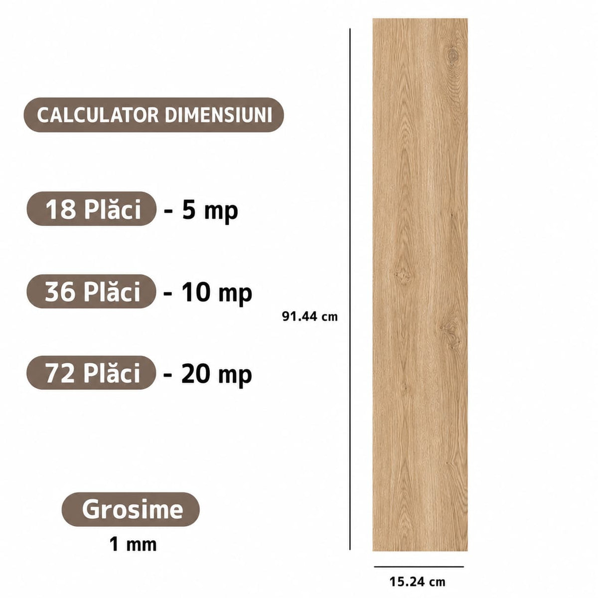 Set 18 Placi Parchet Autoadeziv Model Laminat, dimensiune 91,4 cm × 15,2 cm, acoperire aprox. 5 m²