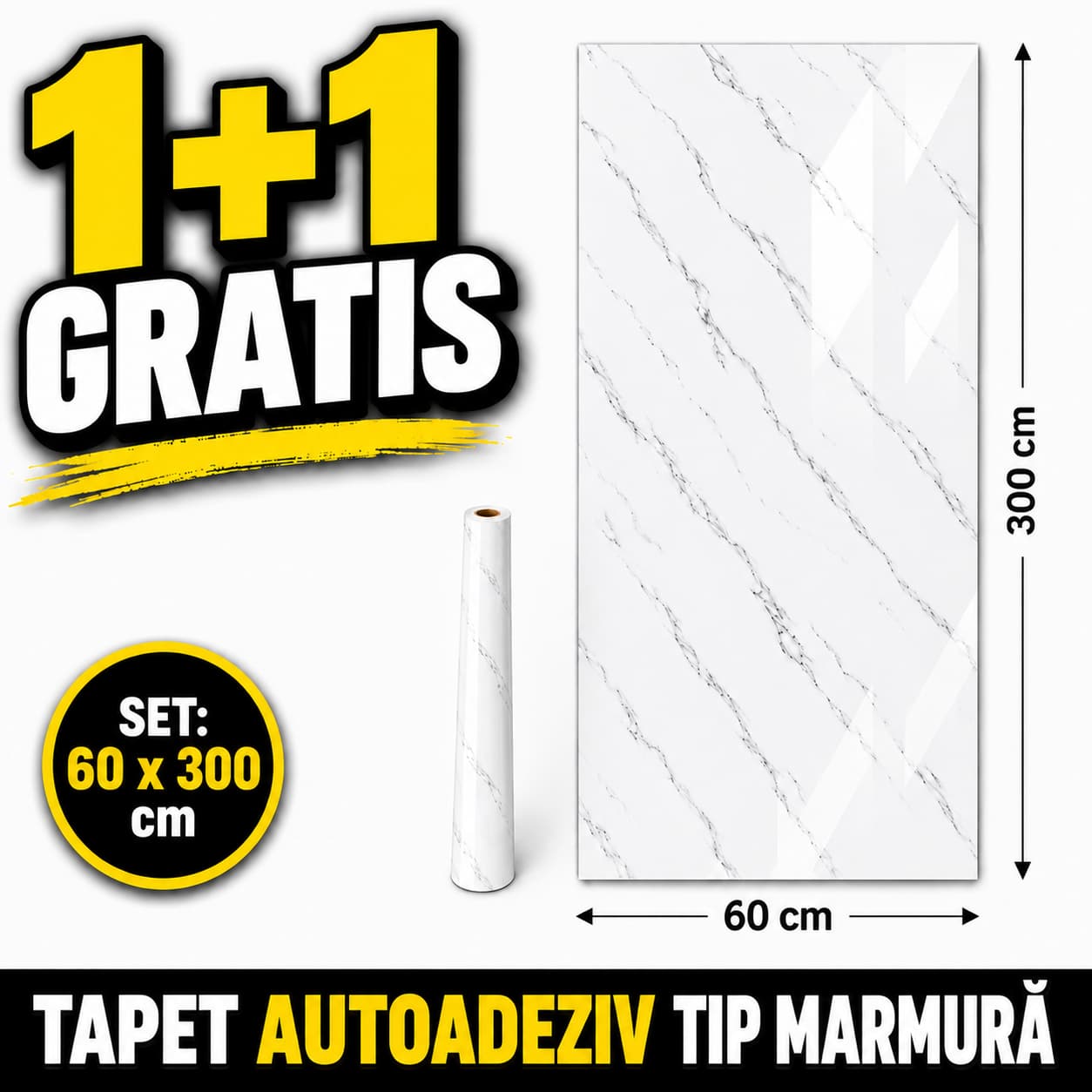1+1 GRATIS, Rolă Tapet Autoadeziv Tip Marmură MarbleFlex™, 60cm x 3 metri