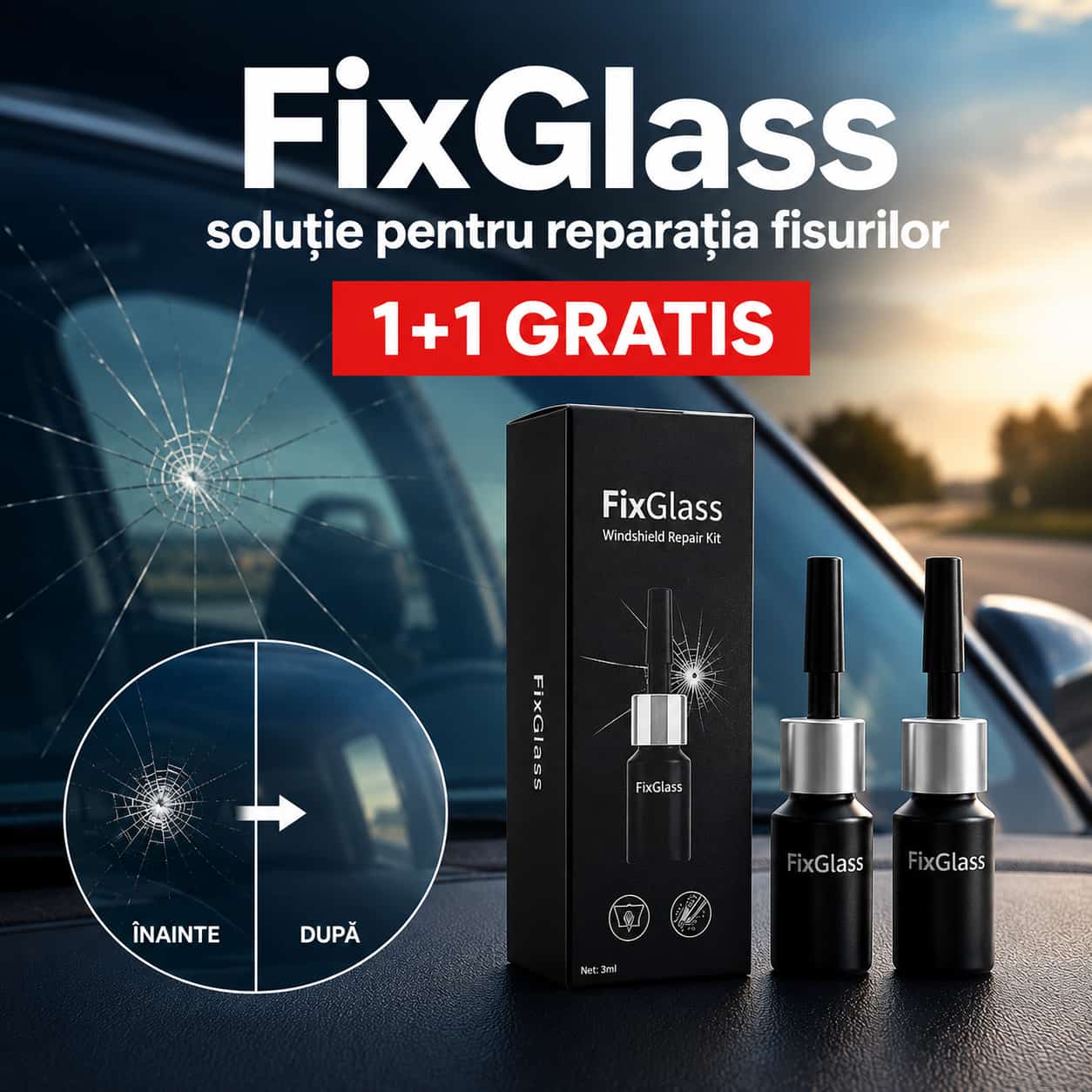 1+1 GRATIS, FixGlass – Soluție rapidă și eficientă pentru repararea fisurilor din parbriz
