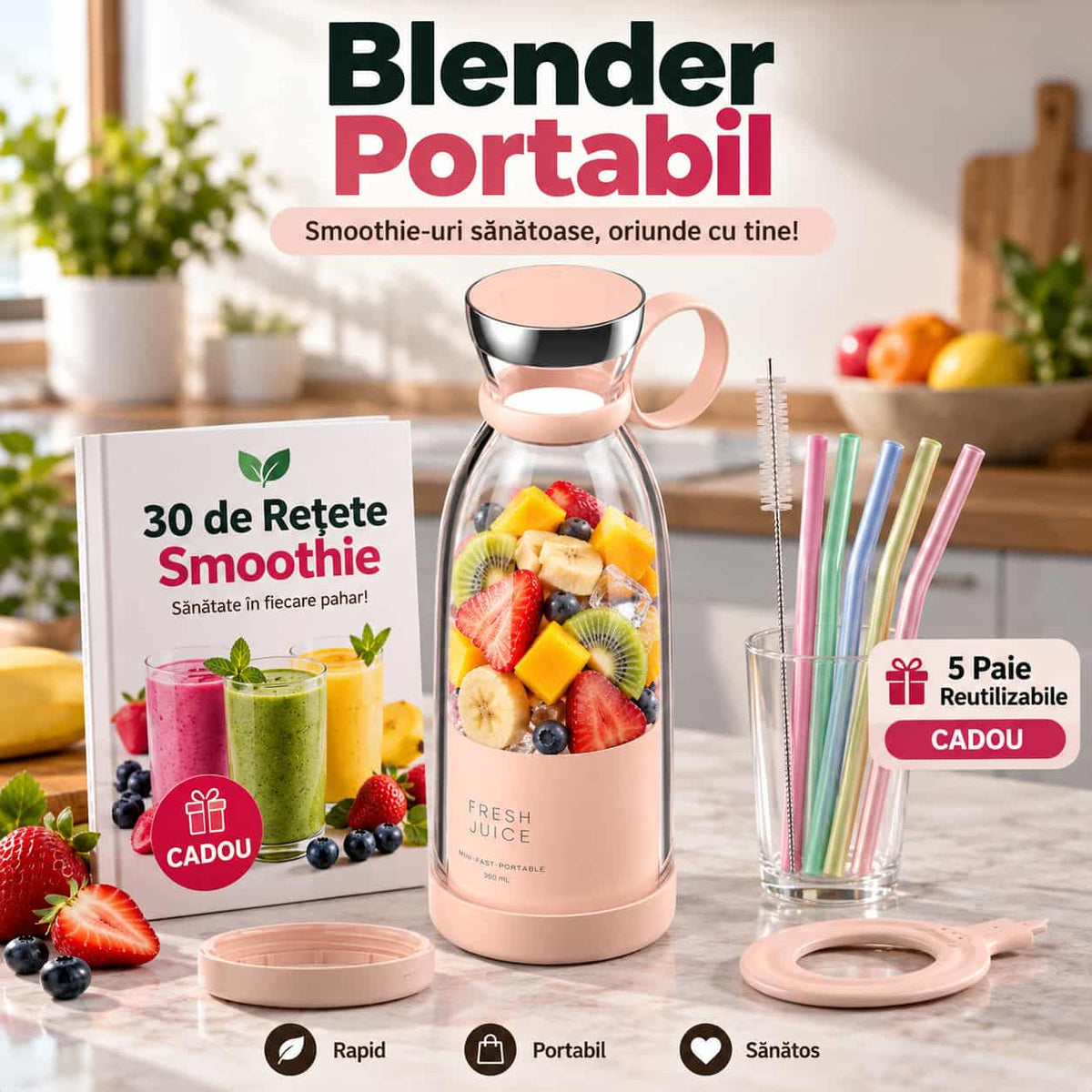 Blender Portabil FreshMix™ + 5 Paie Reutilizabile + 30 Rețete Smoothie CADOU