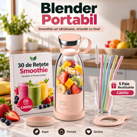 Blender Portabil FreshMix™ + 5 Paie Reutilizabile + 30 Rețete Smoothie CADOU