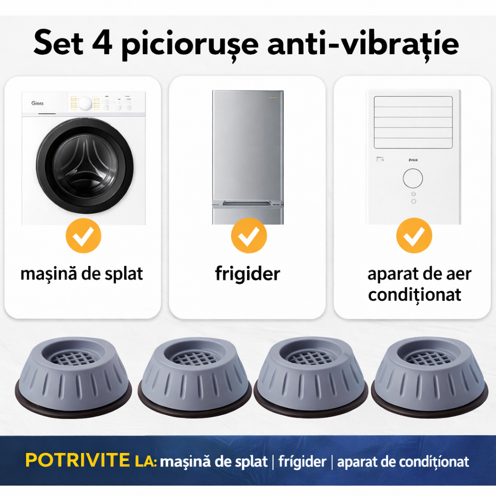 Set 4+4 picioare VibraFix™ CADOU, anti-vibratii si anti-zgomot