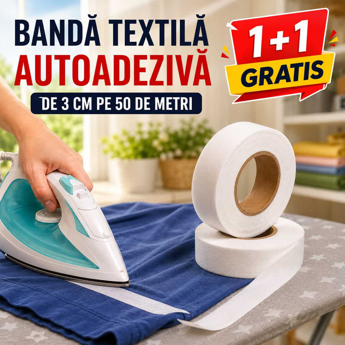 1+1 GRATIS, Bandă textilă autoadezivă pentru scurtat haine FixTape™ - 3cm x 50m