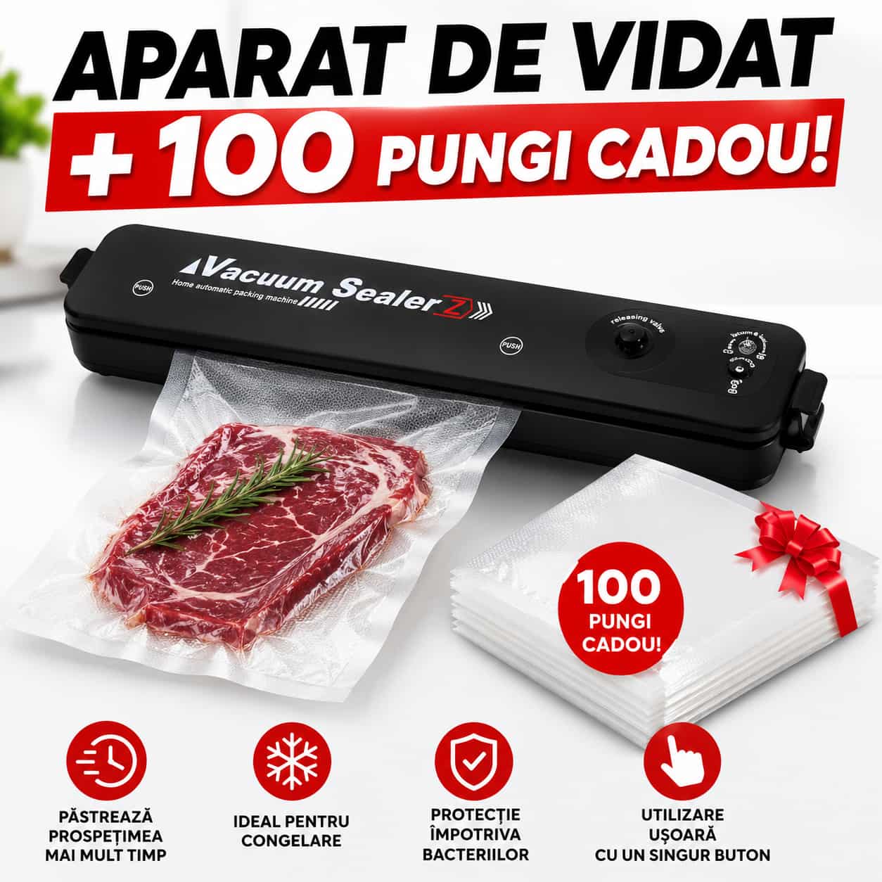 Aparat de Vidat VacuumX™ + rolă de vidat 5 metri + 100 pungi cadou