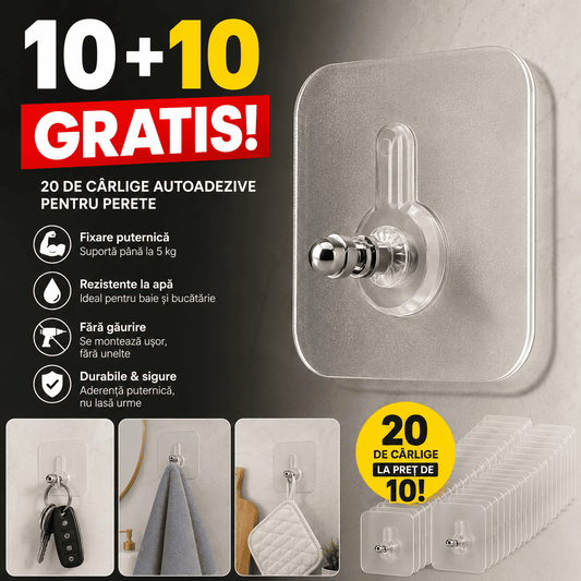 10+10 GRATIS - Set Cârlige autoadezive NanoFix™, fixare până la 10kg