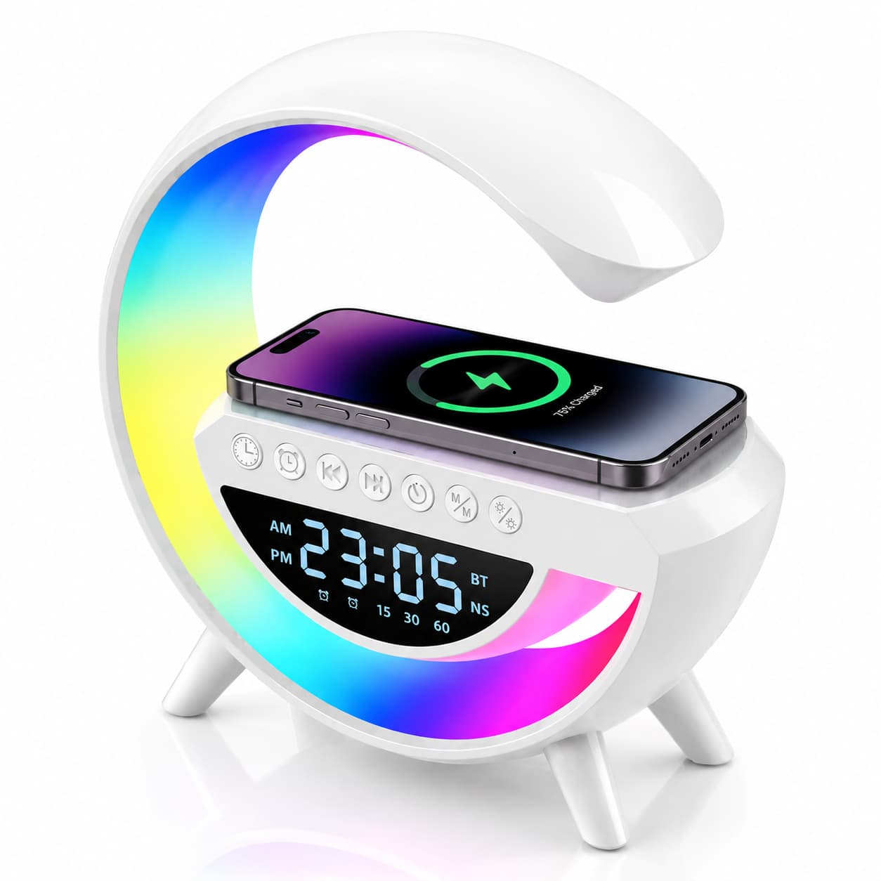 Lampă LED 7 in 1 cu Încărcare Wireless, functie Bluetooth, boxă incorporată, funcție Radio, ceas led și alarmă