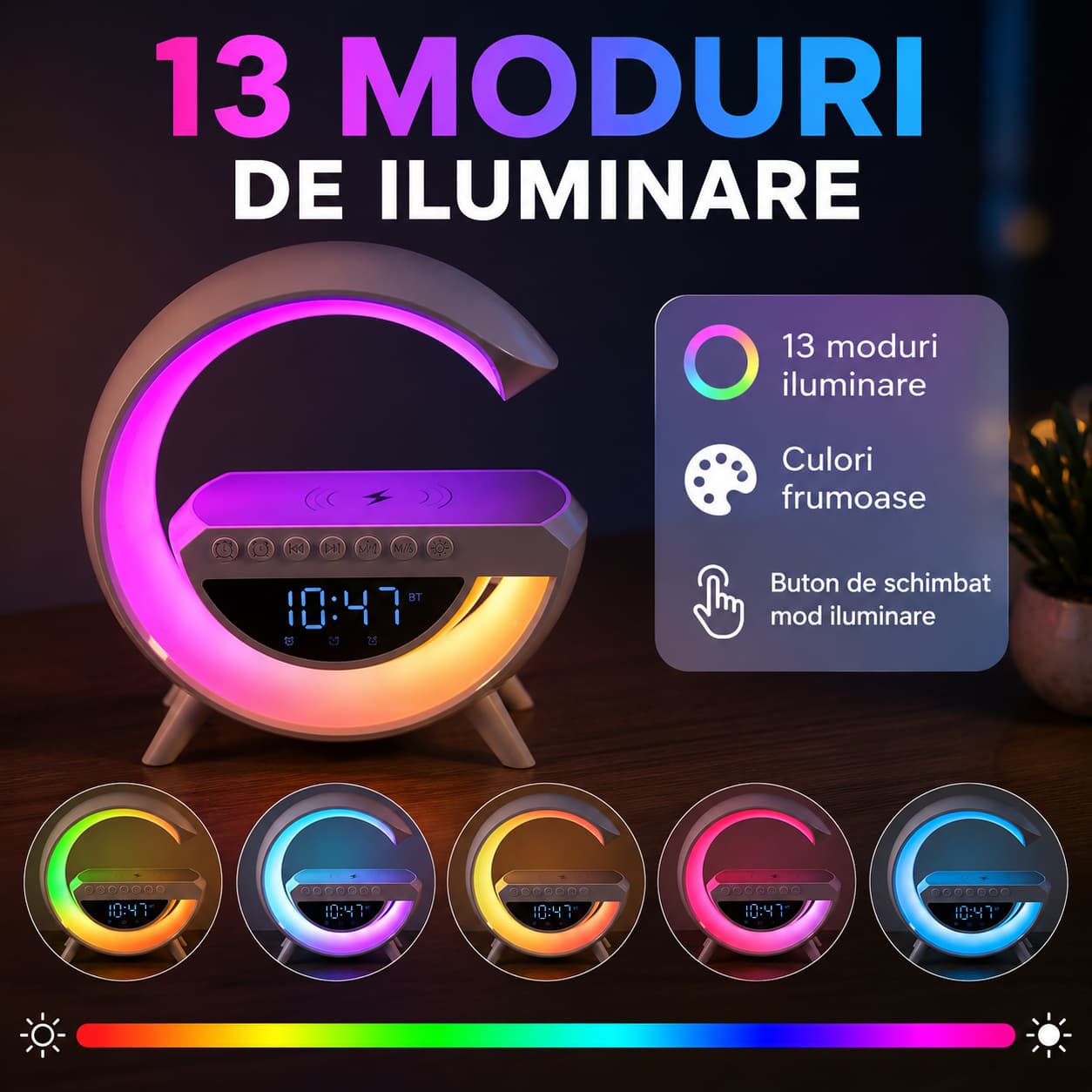 Lampă LED 7 in 1 cu Încărcare Wireless, functie Bluetooth, boxă incorporată, funcție Radio, ceas led și alarmă
