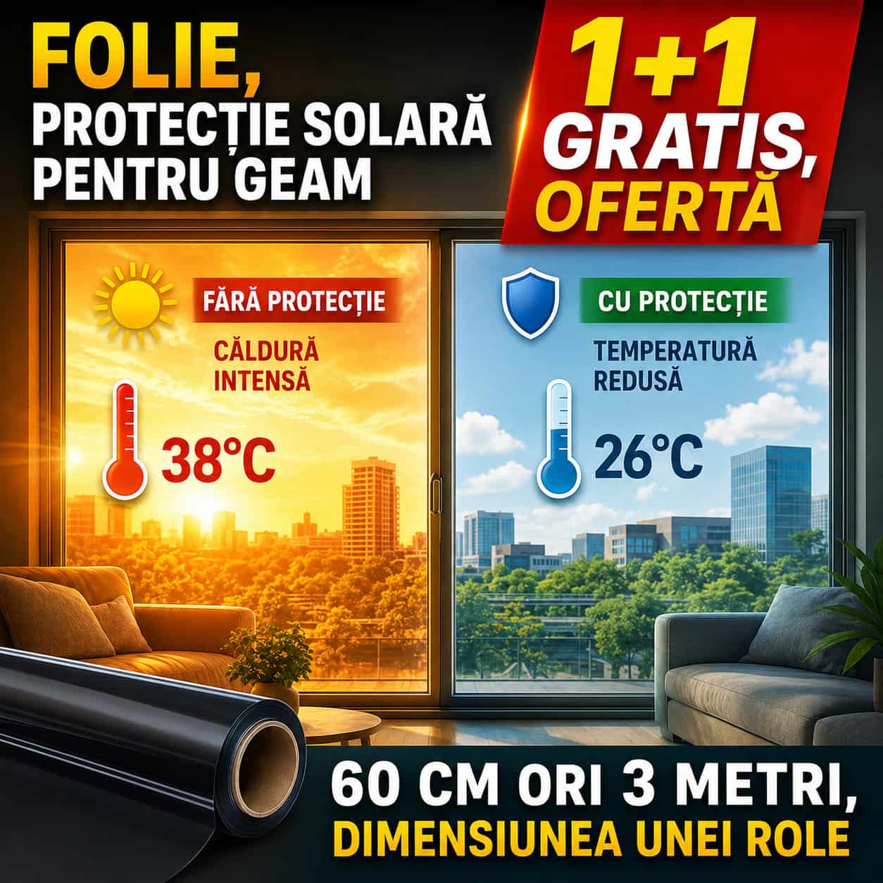 1+1 GRATIS, Folie Protecție Solară Împotriva Căldurii, 60cm x 3m