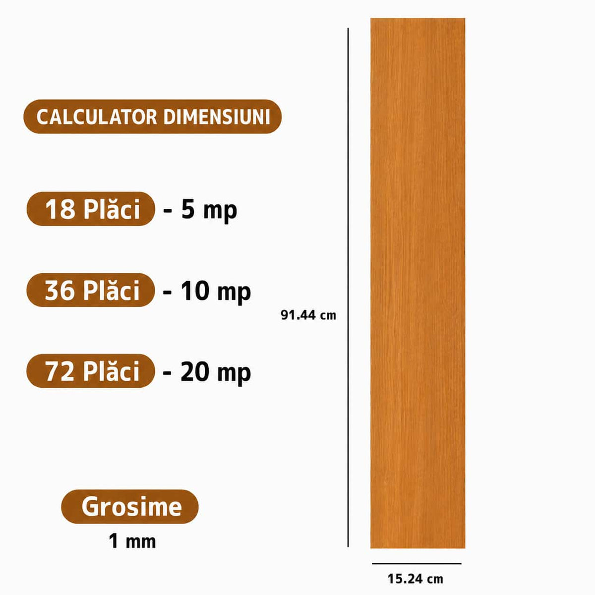 Set 18 Placi Parchet Autoadeziv Model Laminat, dimensiune 91,4 cm × 15,2 cm, acoperire aprox. 5 m²