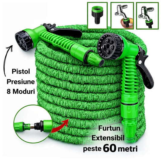 Furtun extensibil AquaFlex™, 60 metri lungime + pistol cu 8 moduri