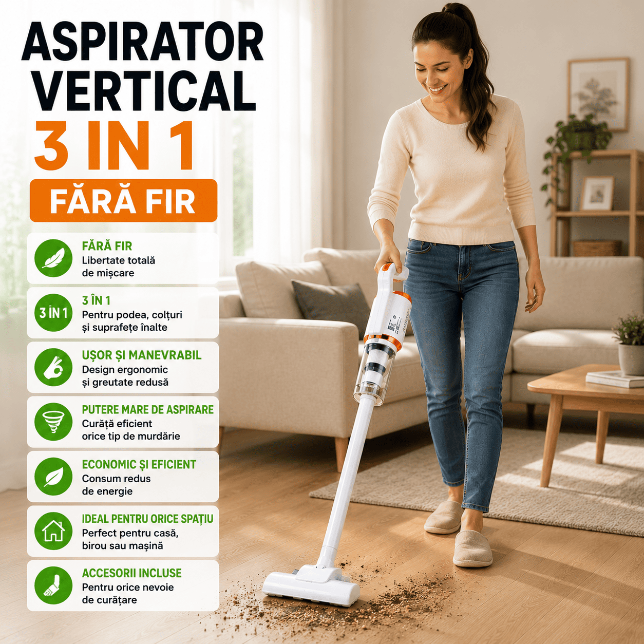 Aspirator Vertical VacuumX™ 3 în 1 fără fir, accesorii incluse