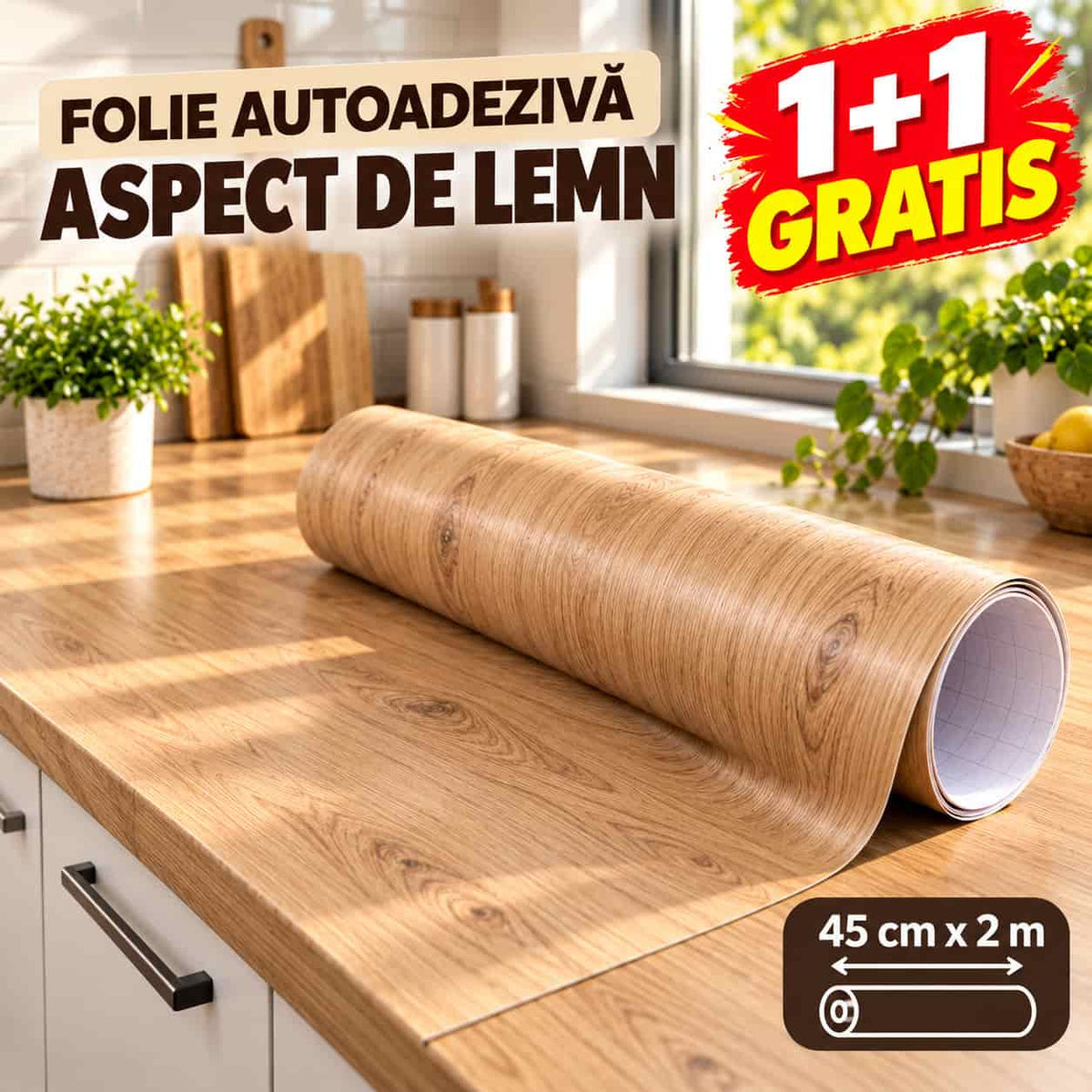 1+1 GRATIS, Folie Autoadezivă cu Aspect de Lemn - WoodFix™ 45cm x 2m