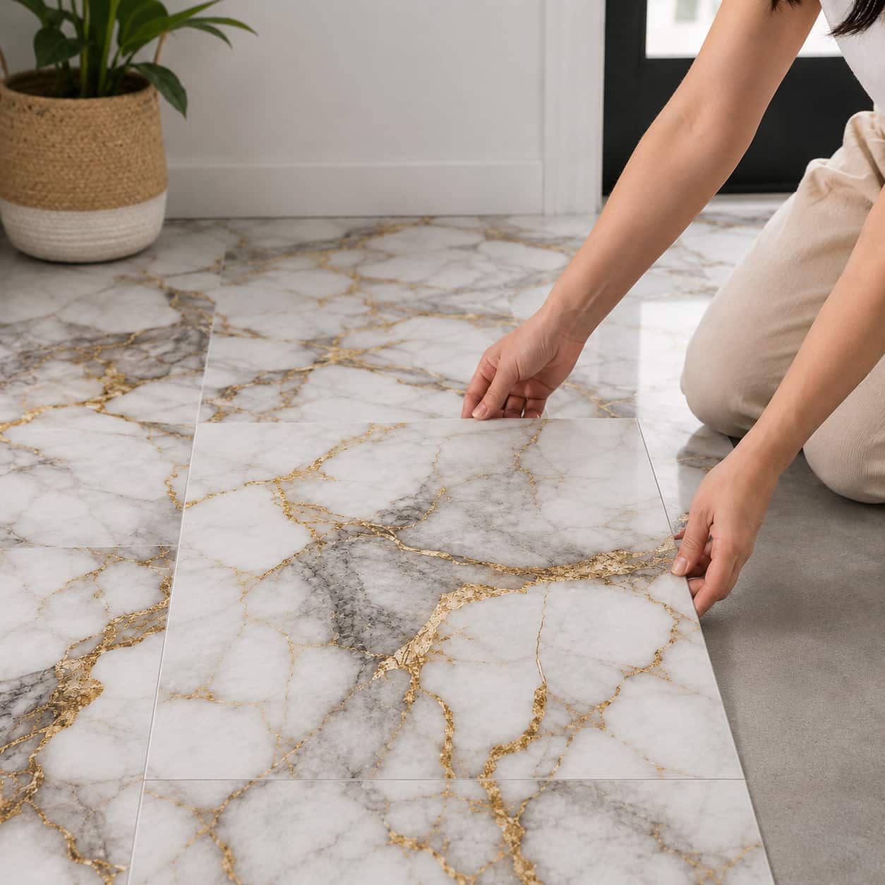 SET 5+5 GRATIS, Tapet PVC Premium pentru Podea MarbleLux™, Rezistent la Apă, dimensiune 60cm x 60cm, acoperire aprox. 5 mp